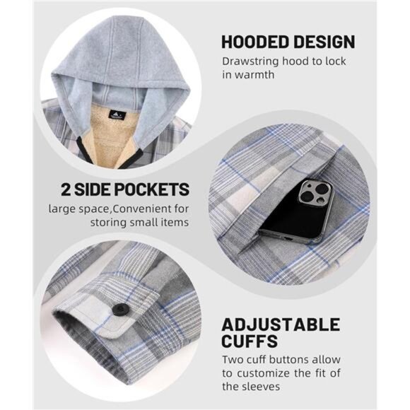Flannel Plaid Jacket Long Sleeve Fleece Sherpa Lined Winter Jacket Warm Grey - Picture 3 of 7